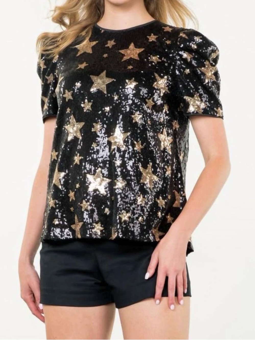 THML Black Sequin Star Puff-Sleeve Top
